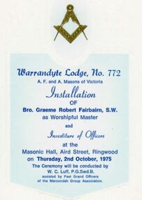 Programme - Investiture of Officers, Warrandyte Lodge No.772, A.F. and A. Masons of Victoria, Masonic Hall, Ringwood, Victoria