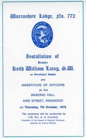 Programme - Investiture of Officers, Warrandyte Lodge No.772, A.F. and A. Masons of Victoria, Masonic Hall, Ringwood, Victoria