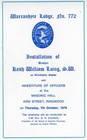 Programme - Investiture of Officers, Warrandyte Lodge No.772, A.F. and A. Masons of Victoria, Masonic Hall, Ringwood, Victoria