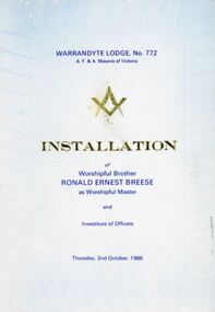 Programme - Investiture of Officers, Warrandyte Lodge No.772, A.F. and A. Masons of Victoria, Masonic Centre, Ringwood, Victoria