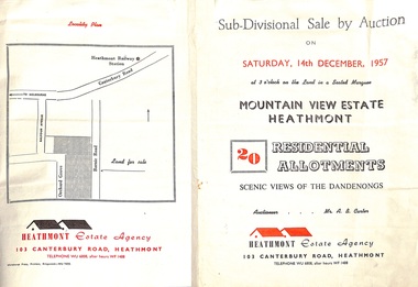 Flyer - Land Sales Brochure, Sub-Divisional Sale by Auction - Mountain View Estate, Heathmont, Victoria - 1957