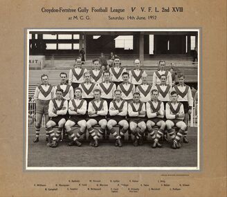 Photograph, East Ringwood Football Club (ERFC) 1952 June match CFTGFL vs VFL Seconds (not wall photo) with names