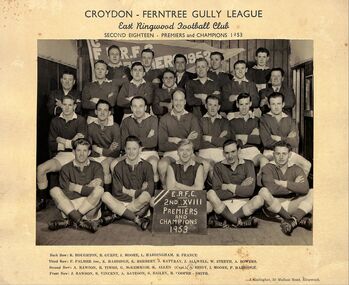 Photograph, East Ringwood Football Club (ERFC) 1953 Seconds Team (Premiers)
