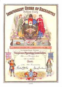 Certificate, Victorian State School Temperance Physiology Examination - Collection of Masonic Degrees and Correspondence maintained by Aird family of Ringwood, Victoria
