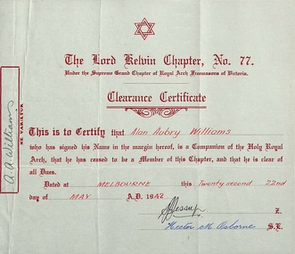 Certificate, Clearance Certificate, Lord Kelvin Chapter No.77 - Collection of Masonic Degrees and Correspondence maintained by Aird family of Ringwood, Victoria