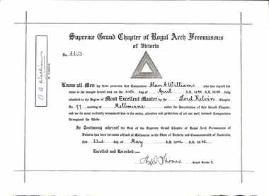Certificate, Enrolment Certificate, Lord Kelvin Chapter No.77 - Collection of Masonic Degrees and Correspondence maintained by Aird family of Ringwood, Victoria