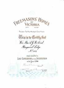 Certificate, Enrolment Certificate, Freemasons' Homes of Victoria - Collection of Masonic Degrees and Correspondence maintained by Aird family of Ringwood, Victoria
