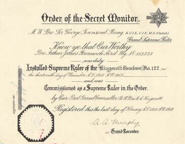 Certificate, Order of the Secret Monitor, Kingscott Conclave No.122 - Collection of Masonic Degrees and Correspondence maintained by Aird family of Ringwood, Victoria