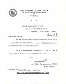 Document, Notification of registration and certificate fee, United Grand Lodge of Victoria - Collection of Masonic Degrees and Correspondence maintained by Aird family of Ringwood, Victoria