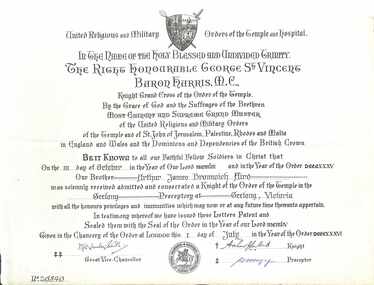 Certificate, United Religious and Military Orders of the Temple and Hospital Membership - Collection of Masonic Degrees and Correspondence maintained by Aird family of Ringwood, Victoria