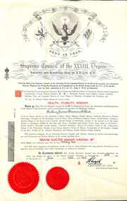 Certificate, Supreme Council of the 33rd Degree - Collection of Masonic Degrees and Correspondence maintained by Aird family of Ringwood, Victoria