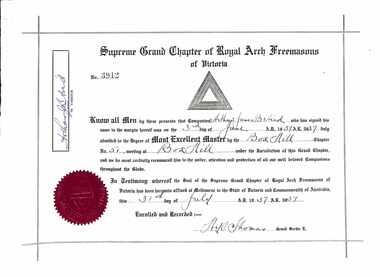 Certificate, Supreme Grand Chapter of Royal Arch Freemasons of Victoria - Collection of Masonic Degrees and Correspondence maintained by Aird family of Ringwood, Victoria