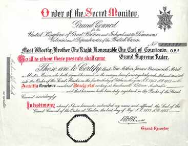 Certificate, Order of the Secret Monitor - Collection of Masonic Degrees and Correspondence maintained by Aird family of Ringwood, Victoria