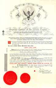 Certificate, Supreme Council of the 33rd Degree (1952) - Collection of Masonic Degrees and Correspondence maintained by Aird family of Ringwood, Victoria