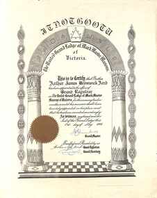 Certificate, United Grand Lodge of Mark Master Masons, Victoria - Collection of Masonic Degrees and Correspondence maintained by Aird family of Ringwood, Victoria