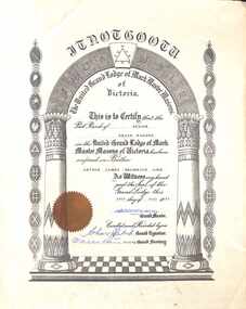 Certificate, United Grand Lodge of Mark Master Masons, Victoria - Collection of Masonic Degrees and Correspondence maintained by Aird family of Ringwood, Victoria