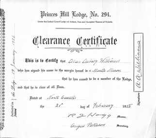 Certificate, Princes Hill Lodge No.294 - Collection of Masonic Degrees and Correspondence maintained by Aird family of Ringwood, Victoria