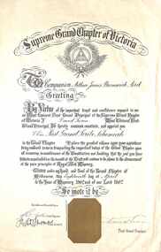 Certificate, Supreme Grand Chapter of Victoria - Collection of Masonic Degrees and Correspondence maintained by Aird family of Ringwood, Victoria