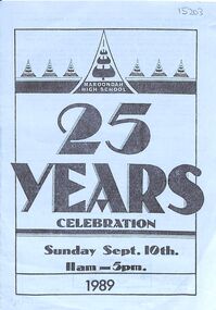 Pamphlet, Maroondah High School - 25-yearBirthday celebration pamphlet. (formerly Croydon West HS, now Melba College)