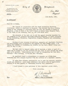 Letter, Ringwood City Council et al, City of Ringwood - Invitation to Ball following Freedom of Entry to City Ceremony. Letter dated 11 March 1965 from B. J. Hubbard, Mayor, City of Ringwood, 1965