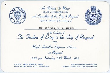 Card, Ringwood City Council, City of Ringwood - Freedom of Entry for Royal Australian Engineers 3 Division 1965 - Invitation Cards, 1965