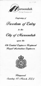 Booklet, Ringwood City Council, City of Ringwood - Freedom of Entry for Royal Australian Engineers 4th Combat Engineer Regiment 2001 - Program Booklet, 1965