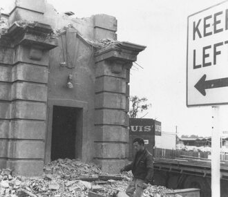 Photograph, Demolition of old Ringwood Clocktower at the corner of Warrandyte Road and Maroondah Highway, Ringwood - 1967