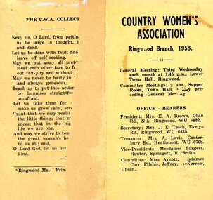 Card, CWA Ringwood Branch syllabus for 1958