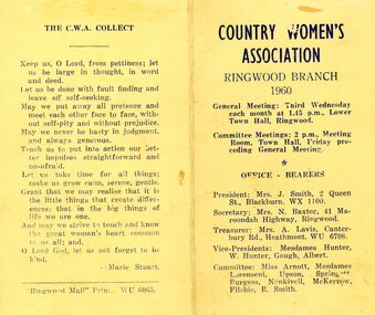 Card, CWA Ringwood Branch syllabus for 1960