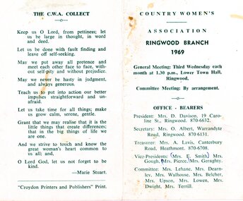 Card, CWA Ringwood Branch syllabus for 1969