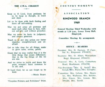 Card, CWA Ringwood Branch syllabus for 1969