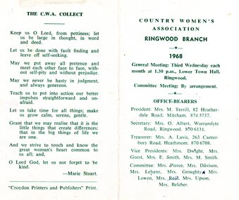 Card, CWA Ringwood Branch syllabus for 1968