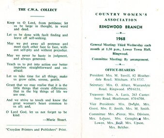 Card, CWA Ringwood Branch syllabus for 1968