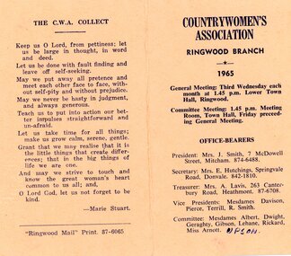 Card, CWA Ringwood Branch syllabus for 1965