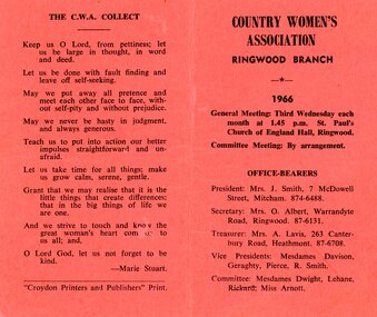 Card, CWA Ringwood Branch syllabus for 1966