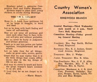 Card, CWA Ringwood Branch syllabus for 1949