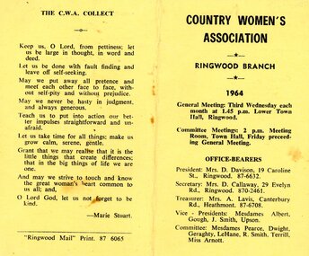 Card, CWA Ringwood Branch syllabus for 1964
