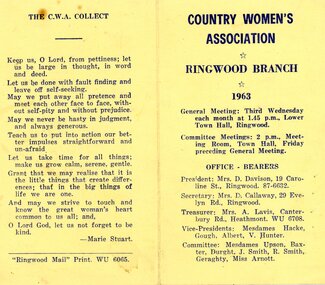 Card, CWA Ringwood Branch syllabus for 1963