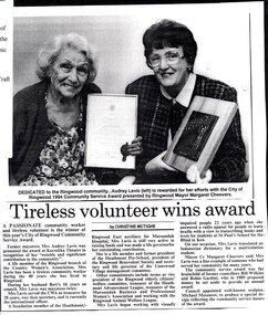 Literary work, Audrey Lavis' memories of CWA Ringwood Branch, including newspaper article on her 1994 City of Ringwood Community Service Award presented by Mayor Margaret Cheevers
