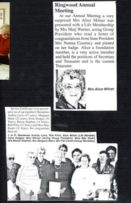 Newspaper, Life Membership to Alice Milner's at CWA Ringwood Branch including Service Certificates to other members