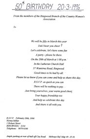 Flyer, Invitation to 50th birthday of CWA Ringwood Branch in 1996