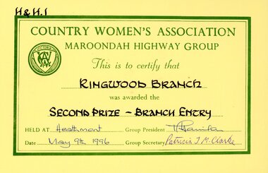 Certificate, CWA Maroondah Highway Group award to Ringwood Branch second prize for branch entry in May 1996