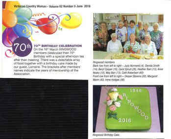 Article, 2016 celebration of Ringwood CWA 70th birthday