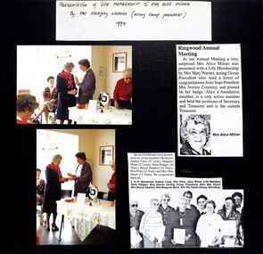 Mixed media, Ringwood CWA presenting Life Membership to Alice Milner in 1994