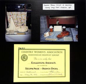 Photograph, Ringwood CWA entries and second prize certificate in Maroondah Highway Group Craft Exhibition in 1996