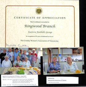 Photograph, Ringwood CWA celebrate its 70th birthday in March 2016, and associated certificated from Eastern Foothills Group