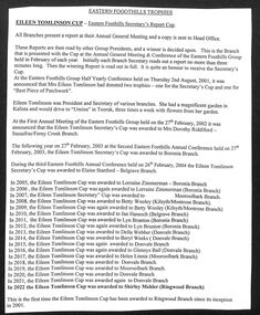 Document, Ringwood CWA at Eastern Foothills Group's "Eileen Tomlinson Cup" in 2022, showing history of Cup