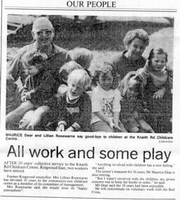 Newspaper, Knaith Road Child Care Centre, Ringwood East, retirement of Lillian Rosewarne (Executive) and Maurice Dear (Treasurer) after 10 years service in 1994
