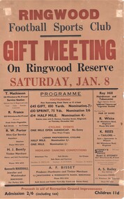 Poster, Ringwood Football Sports Club Gift Meeting, Ringwood Reserve - 1949