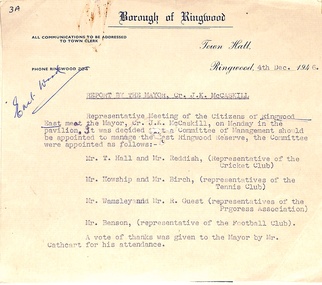 Administrative record - Borough Of Ringwood 4th December 1946, 11th December 1946, Report to the Mayor Cr. J.K. McCaskill J.P